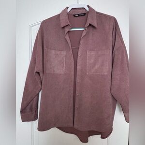 ZARA Women’s Dusty Rose Oversized ribbed corduroy button up shirt, Size M